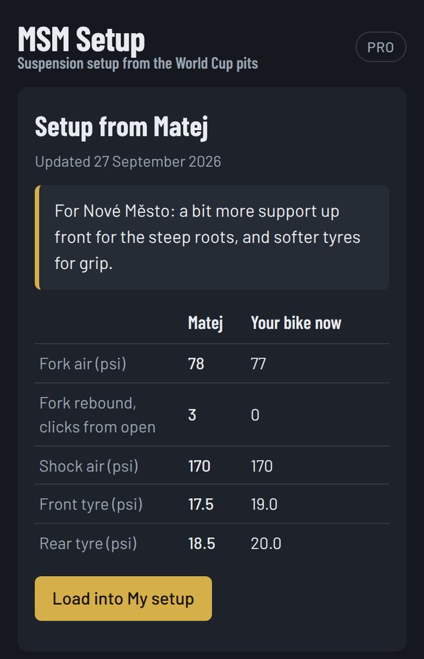Setup from Matej shown in the app, with his note