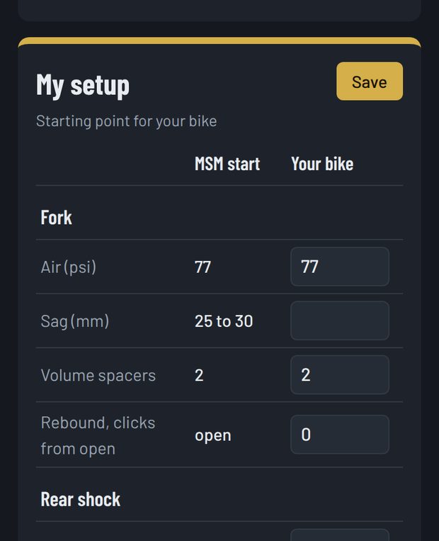 Your bike column in the setup table