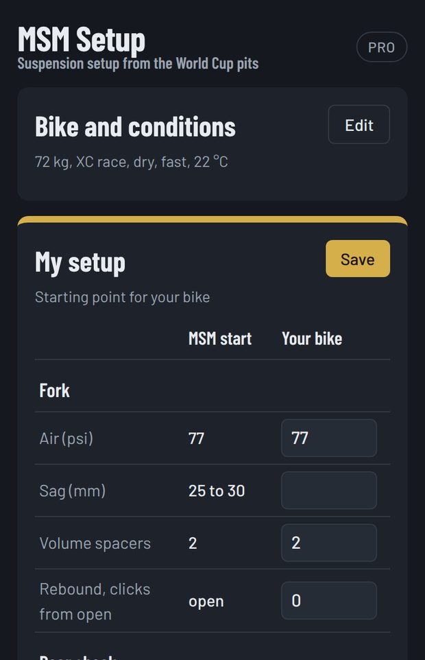 MSM Setup table with the starting setup next to the rider's own values