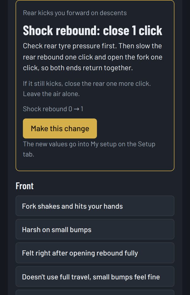 Tuning after the ride: one suggested change with the reason